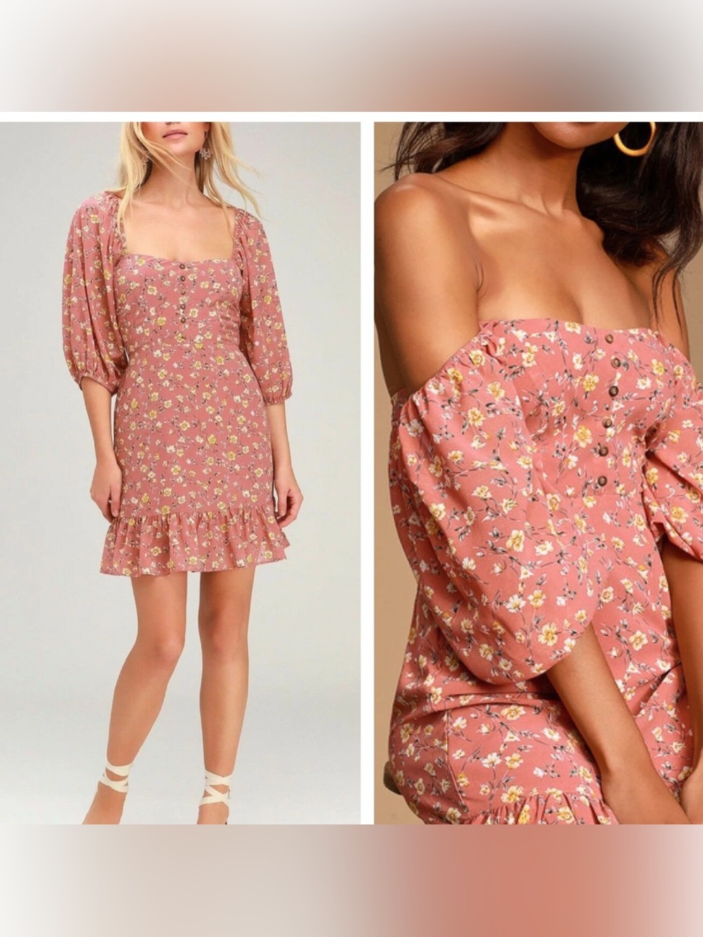 Lulu's Trixibelle Dusty Rose Floral On/Off Shoulder Puff-Sleeve Mini Dress S